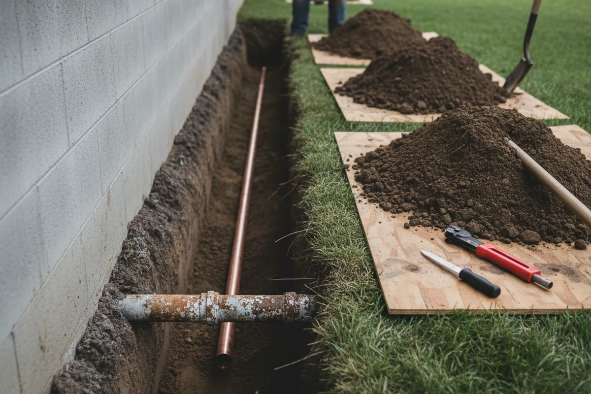 Excavated water line trench during Sewer Line Repair in Cobleskill